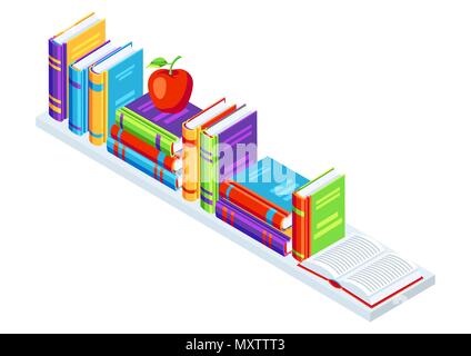 Isometrische Bücher auf dem Bücherregal. Stock Vektor
