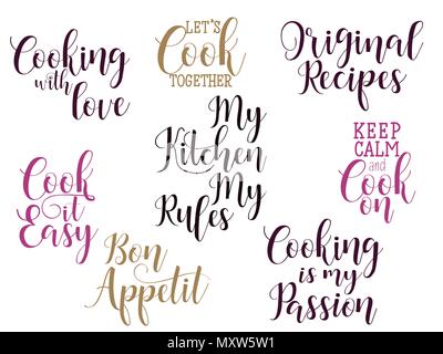 Kochen Schriftzug gesetzt. für Grußkarten, Dekoration, Kunstdrucke und Poster. Hand Typografie design elemente dargestellt. Stock Vektor