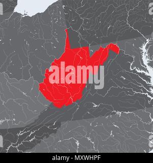 Der USA-Karte von West Virginia. Hand gemacht. Flüsse und Seen sind dargestellt. Bitte sehen Sie sich meine anderen Bilder von kartographischen Serie - sie sind alle sehr d Stock Vektor