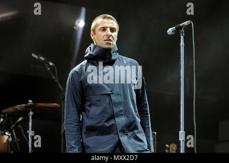 Liam Gallagher live auf der Bühne bei einem Solo in 2017. Liam Gallagher live, Liam Gallagher nach Oasis, Liam Gallagher solo, Liam Gallagher Sänger. Stockfoto