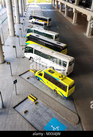 Alicante, Spanien - 16. Mai 2018: Busse in einer Reihe warten Ankunft Passagiere auf dem Flughafen von Alicante. Costa Blanca. Spanien Stockfoto