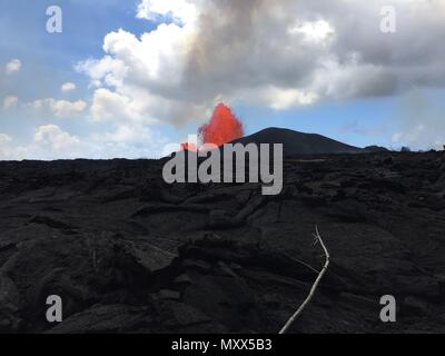 Eine massive Lavafontäne spewing Magma 230 Füße in die Luft riss 8 an der Ecke Nohea und Leilani, die der Ausbruch des Kilauea Vulkans Juni 3, 2018 in Hawaii verursacht. Die letzte Eruption weiter zerstören Häuser, zwangen Evakuierungen und spucken Lava und Giftgas auf der grossen Insel von Hawaii. Stockfoto