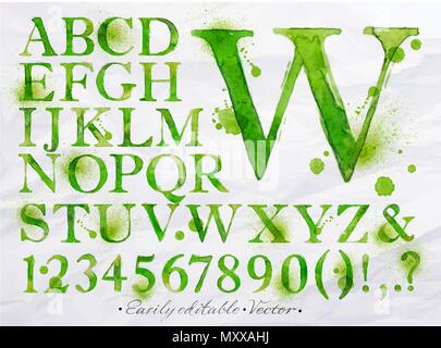 Alphabet set Aquarell Blots und Flecken mit einem Spray grüner Farbe eingezeichnet. Leicht zu bearbeiten. Vektor Stock Vektor