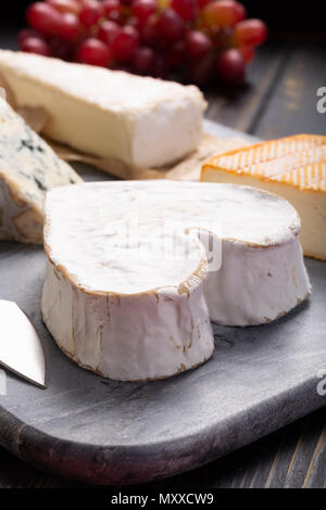 Französischer Käse Platte in Sortiment, Neufchatel herzförmige gealterte weiße Kuh Käse aus der Normandie Stockfoto