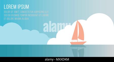 Schwimmende boot Vektor-illustration Segelboot schwimmt im Meer gegen bewölkter Himmel Hintergrund Design Template in kalten Farben mit Kopie Raum Stock Vektor