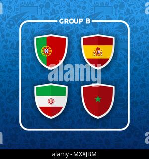 Fußball-Weltmeisterschaft Veranstaltungsplan für 2018. Gruppe B Land team Liste der Fußball-Match spiele. Mit Portugal, Iran, Spanien und Marokko. EPS 10 vect Stock Vektor