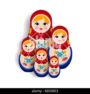 Einstellen der traditionellen russischen Puppe Ornamente auf weißem Hintergrund. Nesting matrioska Mädchen, Souvenir aus Russland in Hand gezeichnet geblümten Kleid. EPS 10. Stock Vektor