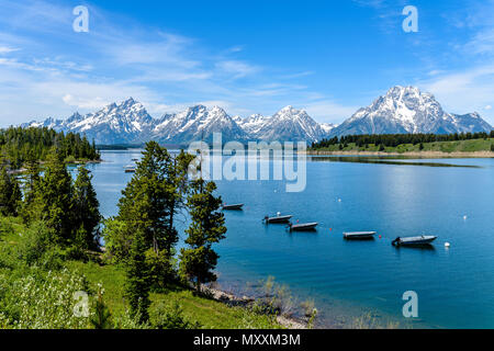 Jackson Lake - Frühling Blick auf Jackson Lake, mit steigender Teton Bergkette im Hintergrund, Grand Teton National Park, Wyoming, USA. Stockfoto