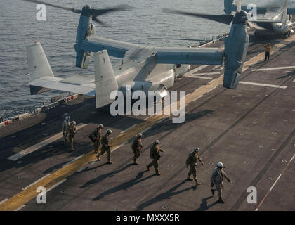 161211-N-EW 322-015 Golf von Aden (31. 11, 2016) Stellvertretender Leiter der Marineoperationen Adm. Bill Moran kreuzt den Flight Deck wie er kommt an Bord der Amphibisches Schiff USS Makin Island (LHD8). Moran besucht Makin Island während der Bereitstellung des Schiffes in die USA 5 Flotte Einsatzgebiet die Mannschaft an ihre Leistungen würdigen, Fragen beantworten und diskutieren Erwartungen für den Rest ihrer Bereitstellung. (U.S. Marine Foto von Petty Officer 3. Klasse Clark Lane) Stockfoto