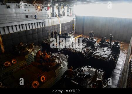 161220-N-TI 017-097 ATLANTIK (31. 20, 2016) Marines ab der 22 Marine Expeditionary Unit (MEU) vorbereiten Amphibisches Fahrzeuge für die Ausschiffung in das Deck des Amphibischen dock Landung Schiff USS Langley (LSD 41). Whidbey Island ist als Teil des Wasp amphibischen bereit, die Abgabe ist der 22. MEU nach Abschluss einer sechsmonatigen Einsatz in die USA am 5. und 6 Flotte Bereiche eingesetzt. (U.S. Marine Foto von Petty Officer 2. Klasse Nathan R. McDonald/Freigegeben) Stockfoto
