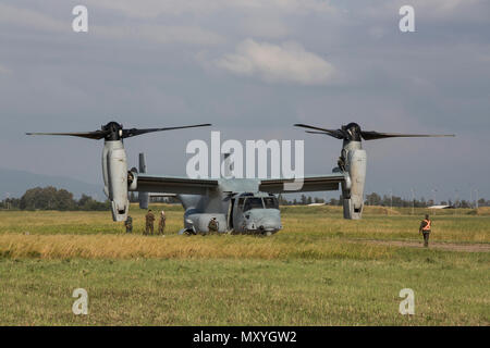 Ein U.S. Marine Corps MV-22 Osprey mit speziellen Zweck Marine Air-Ground Task Force-Crisis Response-Africa kommt für Joint STARS, ein bilaterales Training übung mit der Italienischen Streitkräfte und US-Marines, in Decimomannu Air Base, Sardinien, 9. Mai 2018. SPMAGTF-CR-AF eingesetzt Krise - Reaktion und Theater - Security Operations in Europa und Nordafrika zu führen. (U.S. Marine Corps Foto: Staff Sgt. Britni M. Garcia Grün/Freigegeben) Stockfoto