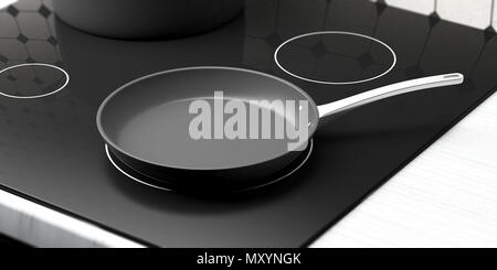 Schwarze leere Pfanne auf Schwarz E-Herd. 3D-Darstellung Stockfoto