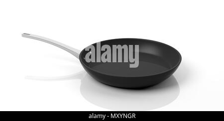 Schwarz leer Edelstahl Pfanne auf weißem Hintergrund. 3D-Darstellung Stockfoto