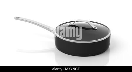 Schwarz Edelstahl Pfanne saute Pfanne mit Glasdeckel auf weißem Hintergrund. 3D-Darstellung Stockfoto