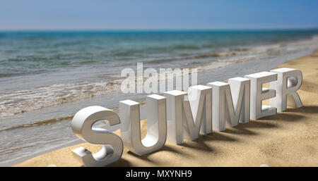 Sommerferien Konzept. Wort Sommer auf einem Sandstrand. 3d illustartion Stockfoto