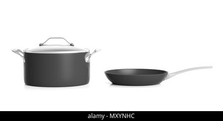 Schwarz Edelstahl Kochtopf mit Glasdeckel und Braten auf weißem Hintergrund pan. 3D-Darstellung Stockfoto