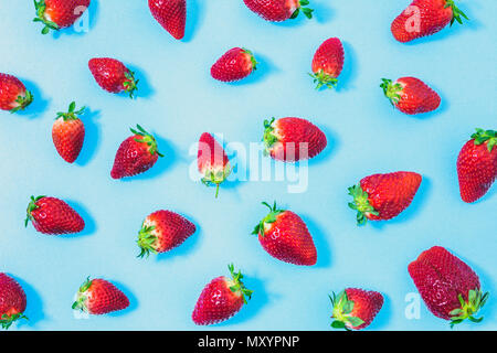 Frische Erdbeeren, Muster mit Früchten, natürliche Textur mit Obst auf blauem Hintergrund Stockfoto