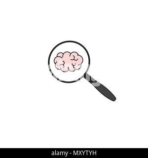 Cute cartoon Vektor doodle Symbol mit Lupe und Gehirn Stock Vektor
