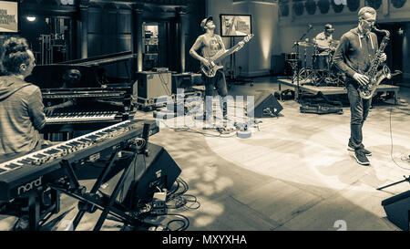 Bob Reynolds Quartett, Soundcheck bei London Saxophon Festival, Cadogan Hall, Chelsea. Mai 2018 Stockfoto