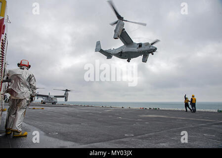 161220-N-BD 308-037 ATLANTIK (31. 20, 2016) Eine MV-22 Osprey ab der 22 Marine Expeditionary Unit (MEU) startet vom Flight Deck der Amphibisches Schiff USS Wasp (LHD1). Wasp wird als Teil der Wasp amphibischen bereit, die Abgabe ist der 22. MEU nach Abschluss einer sechsmonatigen Einsatz in die USA am 5. und 6 Flotte Bereiche eingesetzt. (U.S. Marine Foto von Seaman Levingston Lewis/Freigegeben) Stockfoto