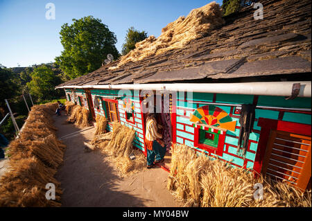 Typische Kumaoni Haus, wo ein Haufen Weizen trocknen in der Sonne ist, Kala Agar Dorf, Kumaon Hügel, Uttarakhand, Indien Stockfoto