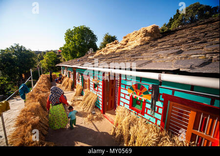 Typische Kumaoni Haus, wo ein Haufen Weizen trocknen in der Sonne ist, Kala Agar Dorf, Kumaon Hügel, Uttarakhand, Indien Stockfoto