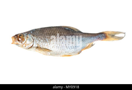 Köstlich trockenen Fisch auf weißem Hintergrund, Ansicht von oben Stockfoto