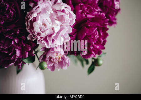 Dunkel rosa Pfingstrosen in einer Vase. Immer noch leben. Braunen Hintergrund Stockfoto