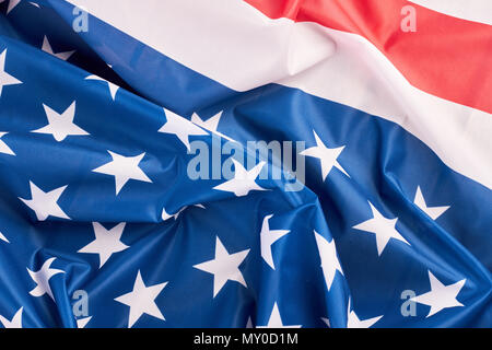 Vereinigte Staaten von Amerika Flagge hautnah. Rüschen amerikanische Flagge im Hintergrund. In der Nähe der Flagge der Vereinigten Staaten von Amerika. Stockfoto