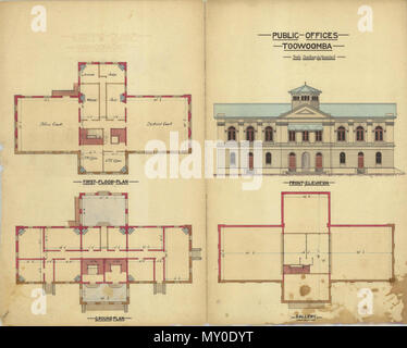 Bauzeichnung der öffentlichen Büros, Toowoomba, 23. September 1887. Von der Queensland Erbe Registerid=600848). Der Hauptteil des Toowoomba Court House wurde zwischen 1876 und 1878. In der Zeit der Erbauung, die Koloniale Architekt verantwortlich für die Gestaltung der öffentlichen Gebäude wurde F D G Stanley. Toowoomba ist die wichtigste Stadt auf den Darling Downs, die zuerst vom Explorer Allan Cunningham im Jahre 1827 entdeckt wurde. Es wurde später von Hirten auf der Suche nach reichen Weiden und von den 1840er Jahren angesiedelt, die von der Leslie Brüder und John Campbell über zwanzig Stationen led Stockfoto