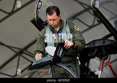 Oberst Christopher Salbei, 4 Fighter Wing Commander, Zeichen Aircraft Maintenance Formen vor dem Take-off, November 30, 2016, bei Seymour Johnson Air Force Base, North Carolina. Die Wartung Formen anzugeben, wer zuvor das Flugzeug repariert und wird durch das Pilotprojekt unterzeichnet. (U.S. Air Force Foto von Airman 1st Class Kenneth Boyton) Stockfoto