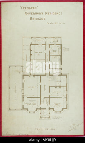 Fernberg, Governor's Residence, Brisbane, ersten Grundriss, c 1884. Johann Heussler, einem wohlhabenden Brisbane Händler kauft 22 Hektar Land von der Regierung im Jahr 1862 und machte Pläne, dort ein Haus zu bauen. Lokalen Architekten Benjamin Backhouse entworfen, ein Haus im Jahre 1865, aus Stein auf der Baustelle mit einem Zement und Kalk Mischung kombiniert ausgegraben gebaut werden. Die heussler Familie lebte in fernberg von 1865 bis 1872, als die hohen Kosten der Instandhaltung Kräfte Abschottung auf der Eigenschaft von der hypothekengläubiger. Sir Arthur Palmer, Premier von Queensland (1870-1874), und später Lieutenant Governor in residierte Fernbe Stockfoto