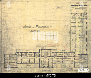 Grundriss von Parlament, Brisbane, 21. Juli. Werkstattpraxis Nr. 1. 1/16-Zoll auf einem Fuß. Abteilung für öffentliche Arbeiten. Stockfoto