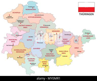 Thüringen administrative und politische Vektorkarte mit Fahne Stock Vektor