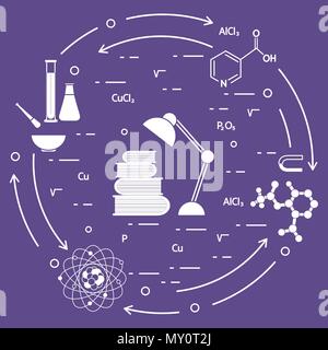 Wissenschaft, Bildung Elemente. Tischleuchte, Bücher, Flasche, Becher, Mörser, Mörser, Kristallgitter, Molekül, Magnet, Atomkern. Stock Vektor