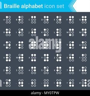 Moderne, streichelte Braille Alphabet Symbole auf dem dunklen Hintergrund isoliert Stock Vektor