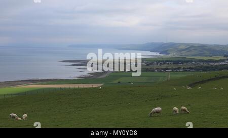 Ceredigion, Wales, Großbritannien, 05. Juni 2018 Deutschland Wetter: bewölkt Morgen in Ceredigion mit kleinen Taschen der Sonne durch die Wolken brechen, über die Cardigan Bay an der Westküste von Wales. Credit: Ian Jones/Alamy leben Nachrichten Stockfoto
