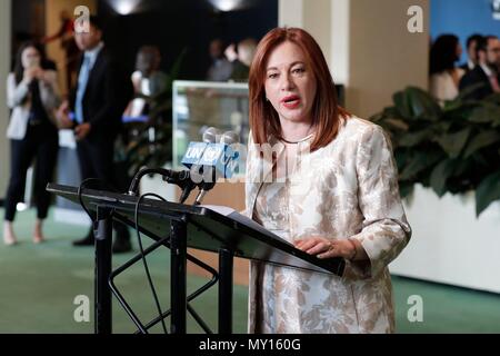 Vereinten Nationen, New York, USA, Juni 05, 2018 - Die Generalversammlung Maria Fernanda Espinosa Garces, Minister für Auswärtige Angelegenheiten von Ecuador, als Präsident der seine dreiundsiebzigste Tagung heute entschieden im UN-Hauptquartier in New York. Foto: Luiz Rampelotto/EuropaNewswire | Verwendung weltweit Stockfoto