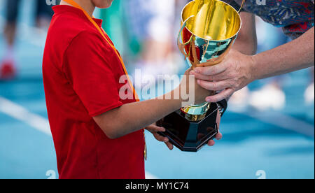 Kind in einem Sportswear erhält eine goldene Schale. Junge atlete Gewinnen der Sportschule Wettbewerb. Junge mit goldenen Medaille erhalten eine Auszeichnung für die beste Stockfoto