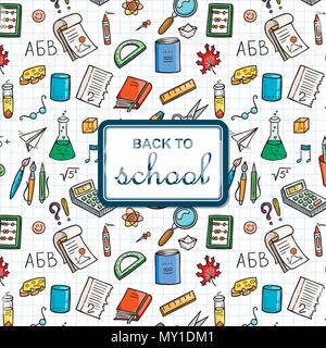 Zurück zu Schule Hintergrund mit liefert. Sketchy notebook doodles Hintergrund mit Text. Vector Illustration Design Element auf gesäumt Skizzenbuch Papier Stock Vektor