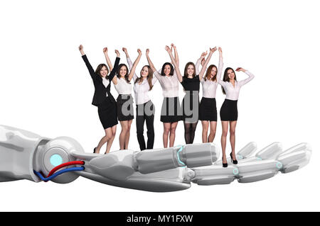 Robotic Hand hält Gruppe von Geschäftsleuten. 3D-Rendering Stockfoto