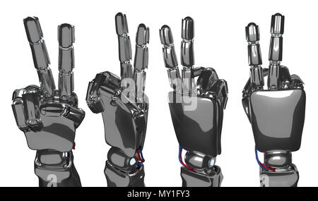 Roboterhand zeigt zwei Finger. 3D-Rendering Stockfoto
