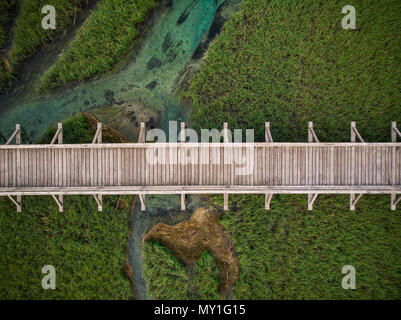 Von oben nach unten Luftbild über Holzsteg in Zelenci, Slowenien. Stockfoto