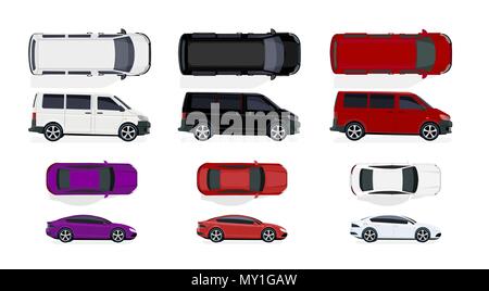 Einstellen der schwarzen und weißen, roten Autos. Seitenansicht und Draufsicht. Volumetrische Zeichnung ohne Raster und einer Steigung. Auf weissem Hintergrund. Stock Vektor