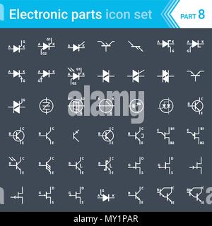 Elektrische und elektronische Icons, Schaltplan Symbole. Thyristoren, Triacs, Diacs und Transistoren. Stock Vektor