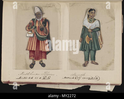 . Eine Seite aus dem Manuskript 70 - zwei Exemplare der Kasten in Indien, die besteht aus 72 full-color handgemalte Bilder von Männern und Frauen der verschiedenen Kasten und Religionen und ethnischen Gruppen in Madura, Indien zu dieser Zeit gefunden. Jede Zeichnung war auf Glimmer, ein transparentes, flockig Mineral, das teilt sich in dünnen, transparenten Platten. Wie auf der Seite Präsentation angegeben, das Album wurde von der Indischen schreiben Master an einer englischen Schule eingerichtet, die von den amerikanischen Missionaren in Madura zusammengestellt, und der Reverend William Twining. Das Manuskript zeigt indianische Kleidung und Schmuck Schmuck in der Stockfoto