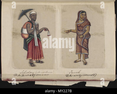 . Eine Seite aus dem Manuskript 70 - zwei Exemplare der Kasten in Indien, die besteht aus 72 full-color handgemalte Bilder von Männern und Frauen der verschiedenen Kasten und Religionen und ethnischen Gruppen in Madura, Indien zu dieser Zeit gefunden. Jede Zeichnung war auf Glimmer, ein transparentes, flockig Mineral, das teilt sich in dünnen, transparenten Platten. Wie auf der Seite Präsentation angegeben, das Album wurde von der Indischen schreiben Master an einer englischen Schule eingerichtet, die von den amerikanischen Missionaren in Madura zusammengestellt, und der Reverend William Twining. Das Manuskript zeigt indianische Kleidung und Schmuck Schmuck in der Stockfoto