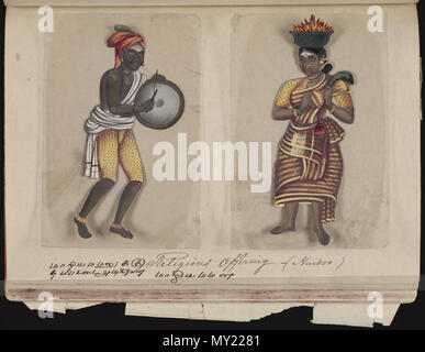 . Eine Seite aus dem Manuskript 70 - zwei Exemplare der Kasten in Indien, die besteht aus 72 full-color handgemalte Bilder von Männern und Frauen der verschiedenen Kasten und Religionen und ethnischen Gruppen in Madura, Indien zu dieser Zeit gefunden. Jede Zeichnung war auf Glimmer, ein transparentes, flockig Mineral, das teilt sich in dünnen, transparenten Platten. Wie auf der Seite Präsentation angegeben, das Album wurde von der Indischen schreiben Master an einer englischen Schule eingerichtet, die von den amerikanischen Missionaren in Madura zusammengestellt, und der Reverend William Twining. Das Manuskript zeigt indianische Kleidung und Schmuck Schmuck in der Stockfoto