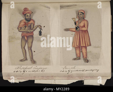 . Eine Seite aus dem Manuskript 70 - zwei Exemplare der Kasten in Indien, die besteht aus 72 full-color handgemalte Bilder von Männern und Frauen der verschiedenen Kasten und Religionen und ethnischen Gruppen in Madura, Indien zu dieser Zeit gefunden. Jede Zeichnung war auf Glimmer, ein transparentes, flockig Mineral, das teilt sich in dünnen, transparenten Platten. Wie auf der Seite Präsentation angegeben, das Album wurde von der Indischen schreiben Master an einer englischen Schule eingerichtet, die von den amerikanischen Missionaren in Madura zusammengestellt, und der Reverend William Twining. Das Manuskript zeigt indianische Kleidung und Schmuck Schmuck in der Stockfoto