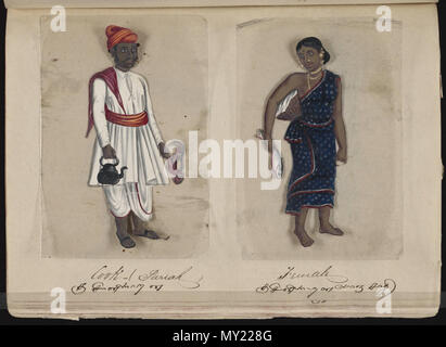 . Eine Seite aus dem Manuskript 70 - zwei Exemplare der Kasten in Indien, die besteht aus 72 full-color handgemalte Bilder von Männern und Frauen der verschiedenen Kasten und Religionen und ethnischen Gruppen in Madura, Indien zu dieser Zeit gefunden. Jede Zeichnung war auf Glimmer, ein transparentes, flockig Mineral, das teilt sich in dünnen, transparenten Platten. Wie auf der Seite Präsentation angegeben, das Album wurde von der Indischen schreiben Master an einer englischen Schule eingerichtet, die von den amerikanischen Missionaren in Madura zusammengestellt, und der Reverend William Twining. Das Manuskript zeigt indianische Kleidung und Schmuck Schmuck in der Stockfoto